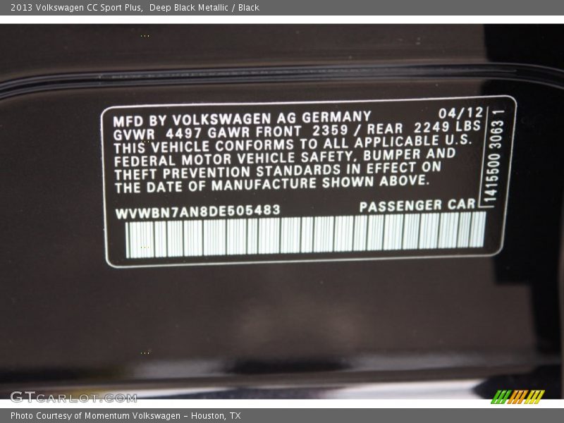 Deep Black Metallic / Black 2013 Volkswagen CC Sport Plus