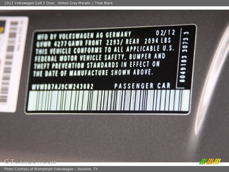 United Gray Metallic / Titan Black 2012 Volkswagen Golf 2 Door