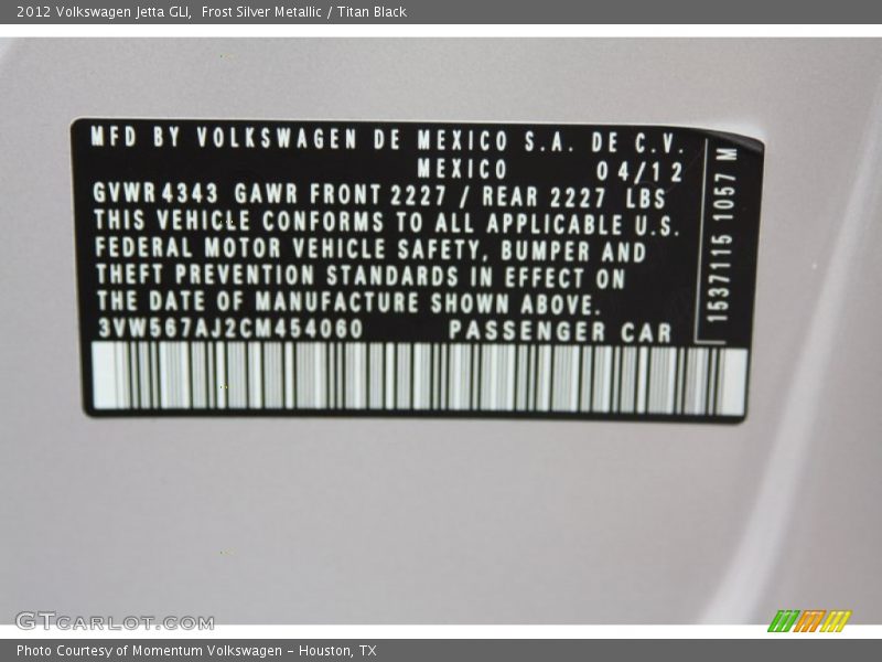 Frost Silver Metallic / Titan Black 2012 Volkswagen Jetta GLI
