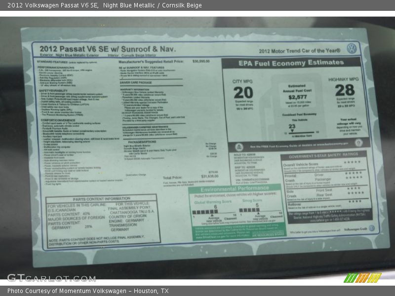Night Blue Metallic / Cornsilk Beige 2012 Volkswagen Passat V6 SE