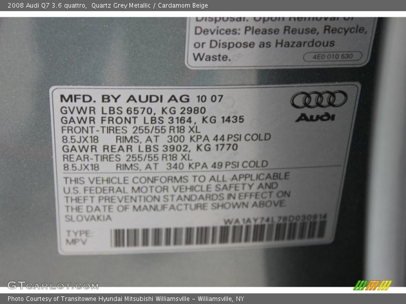 Quartz Grey Metallic / Cardamom Beige 2008 Audi Q7 3.6 quattro