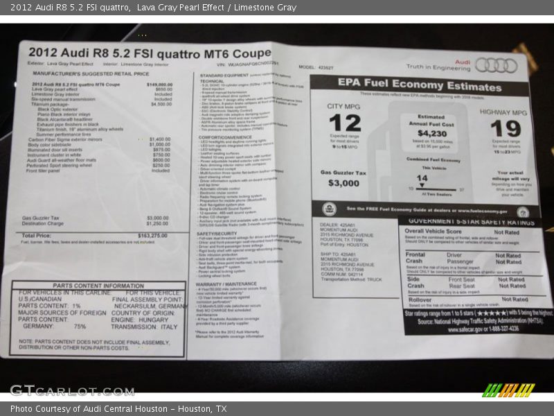  2012 R8 5.2 FSI quattro Window Sticker