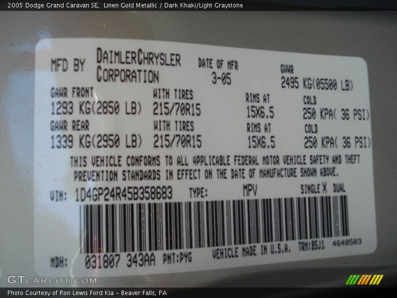 Linen Gold Metallic / Dark Khaki/Light Graystone 2005 Dodge Grand Caravan SE