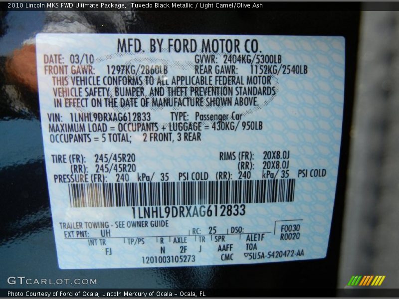 Tuxedo Black Metallic / Light Camel/Olive Ash 2010 Lincoln MKS FWD Ultimate Package