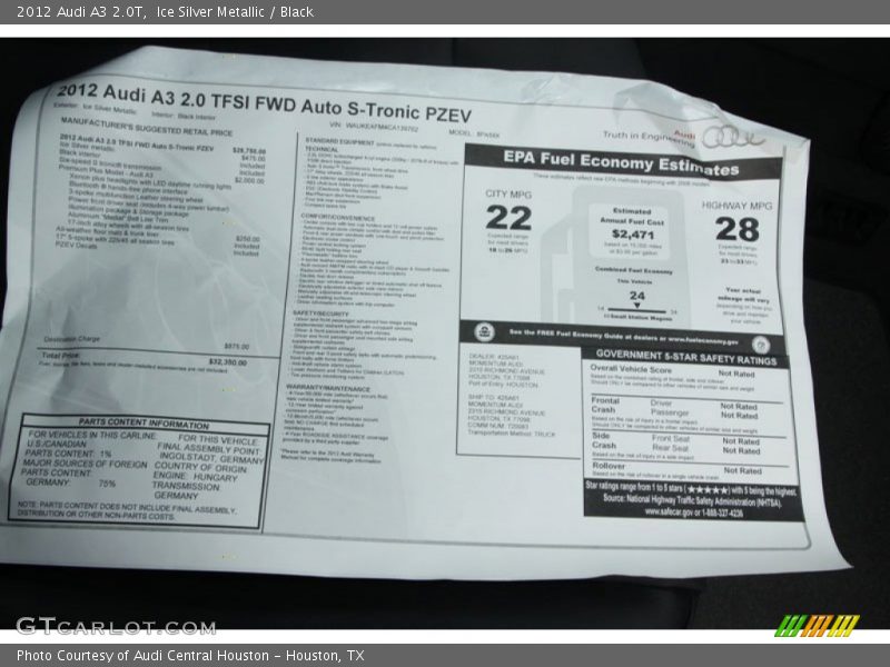  2012 A3 2.0T Window Sticker