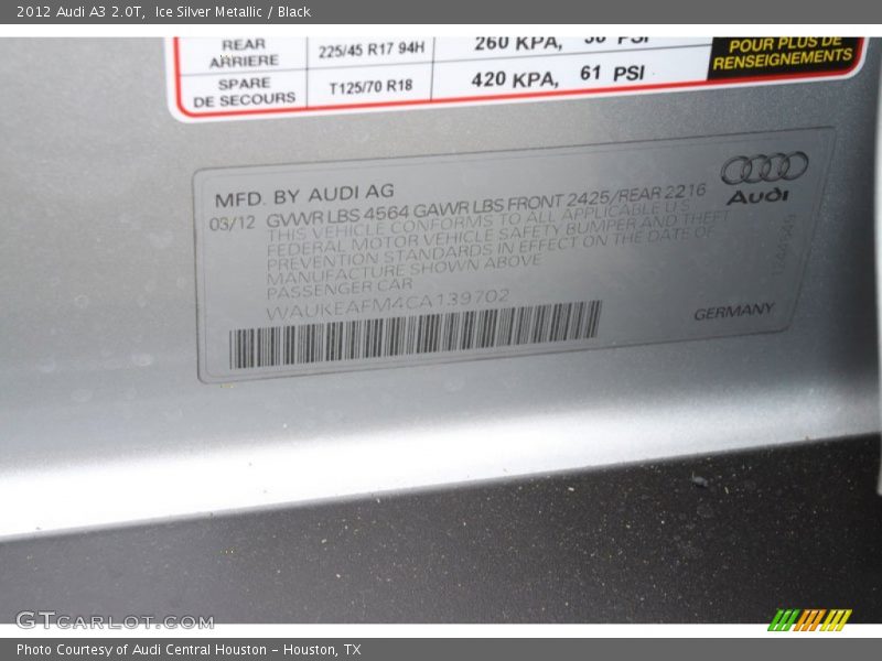Ice Silver Metallic / Black 2012 Audi A3 2.0T