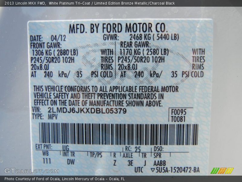 2013 MKX FWD White Platinum Tri-Coat Color Code UG