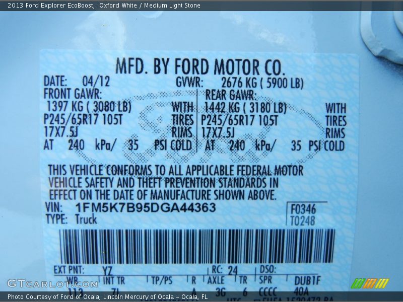 2013 Explorer EcoBoost Oxford White Color Code YZ