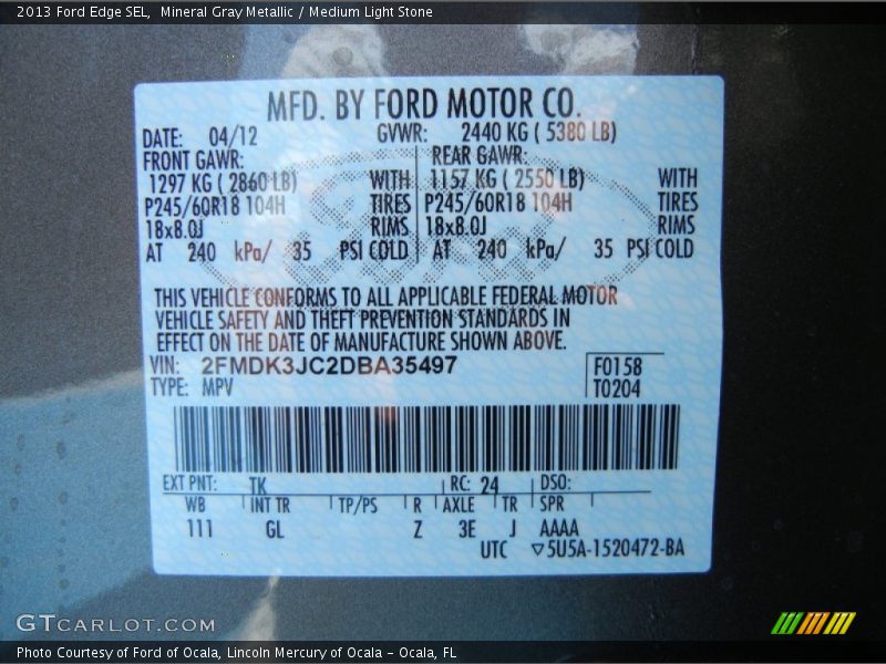 2013 Edge SEL Mineral Gray Metallic Color Code TK