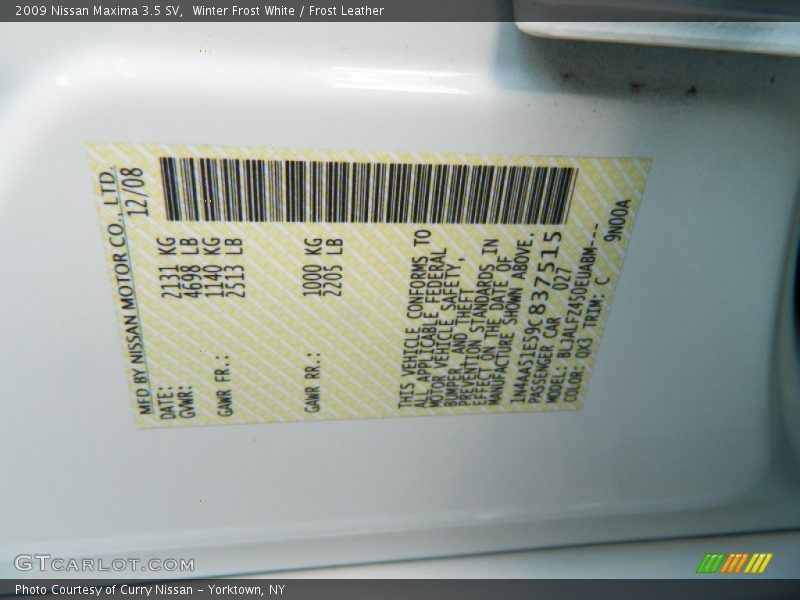 Winter Frost White / Frost Leather 2009 Nissan Maxima 3.5 SV