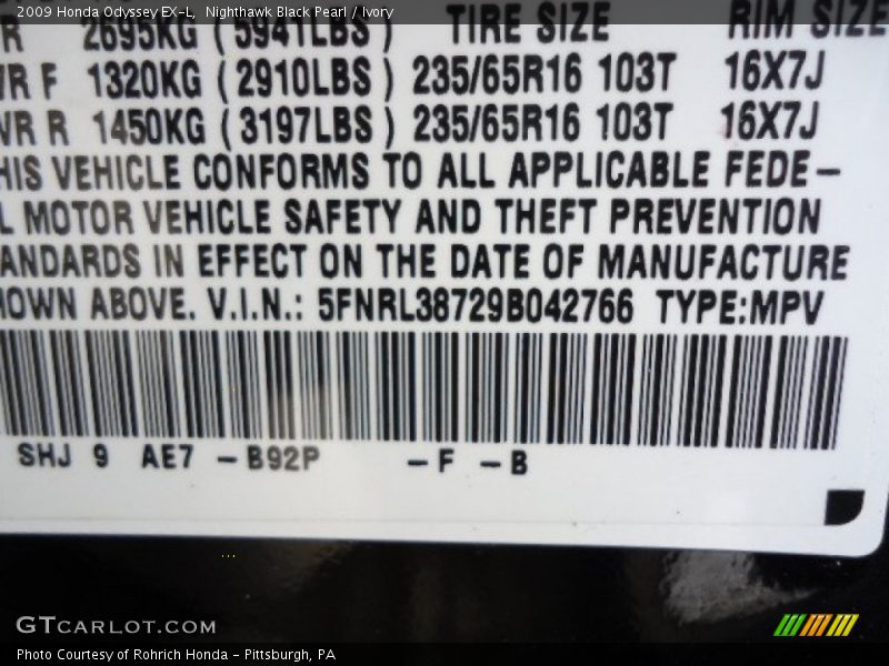 Nighthawk Black Pearl / Ivory 2009 Honda Odyssey EX-L