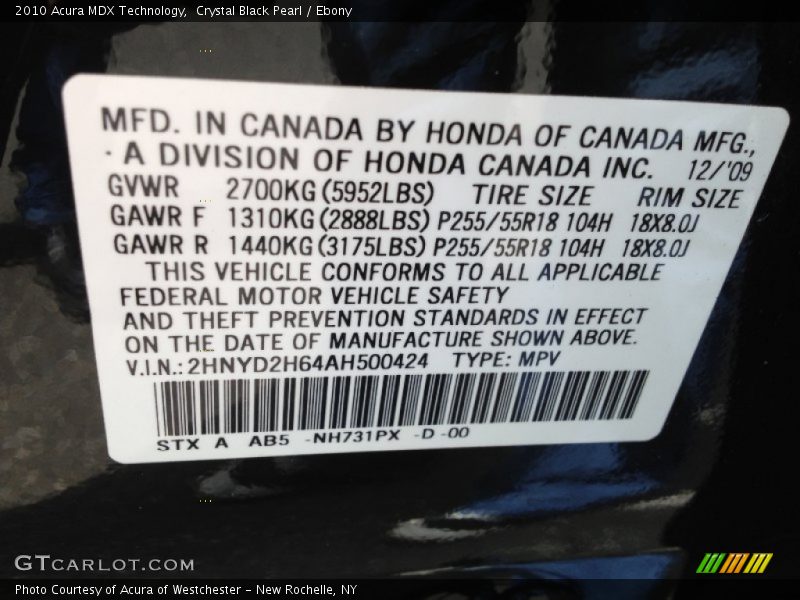 Crystal Black Pearl / Ebony 2010 Acura MDX Technology