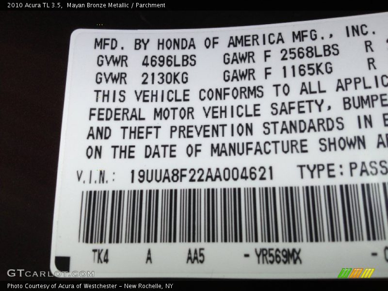 2010 TL 3.5 Mayan Bronze Metallic Color Code YR569MX