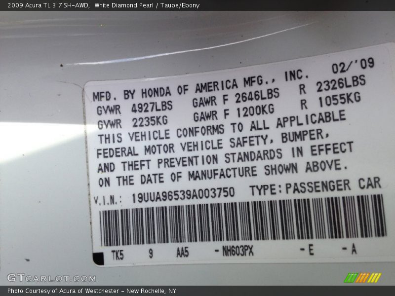 White Diamond Pearl / Taupe/Ebony 2009 Acura TL 3.7 SH-AWD