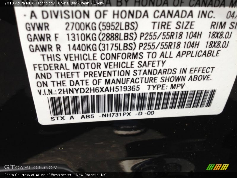 Crystal Black Pearl / Ebony 2010 Acura MDX Technology