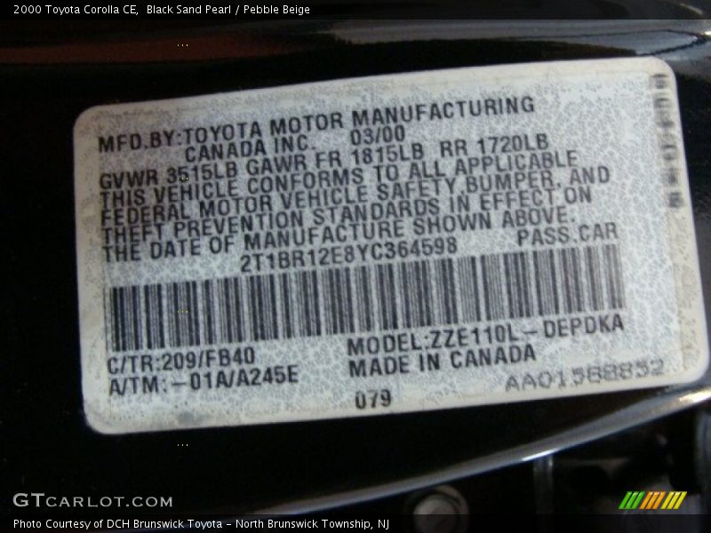 Black Sand Pearl / Pebble Beige 2000 Toyota Corolla CE