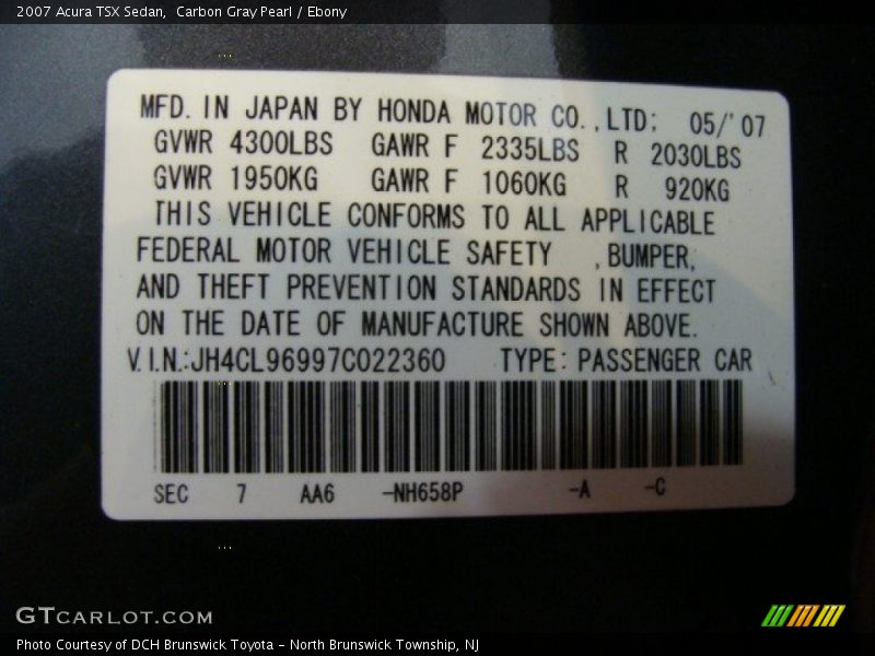 Carbon Gray Pearl / Ebony 2007 Acura TSX Sedan