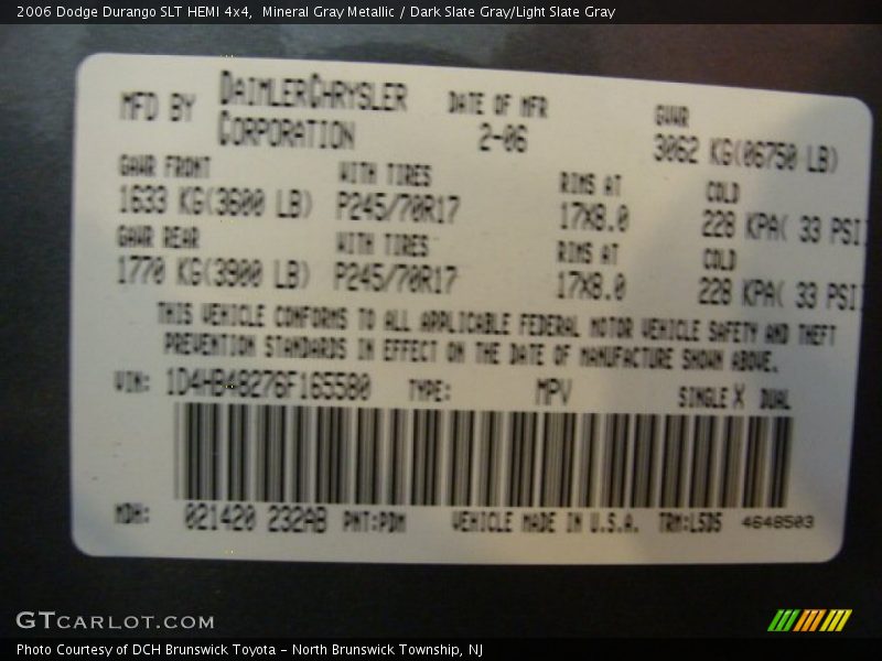 Mineral Gray Metallic / Dark Slate Gray/Light Slate Gray 2006 Dodge Durango SLT HEMI 4x4