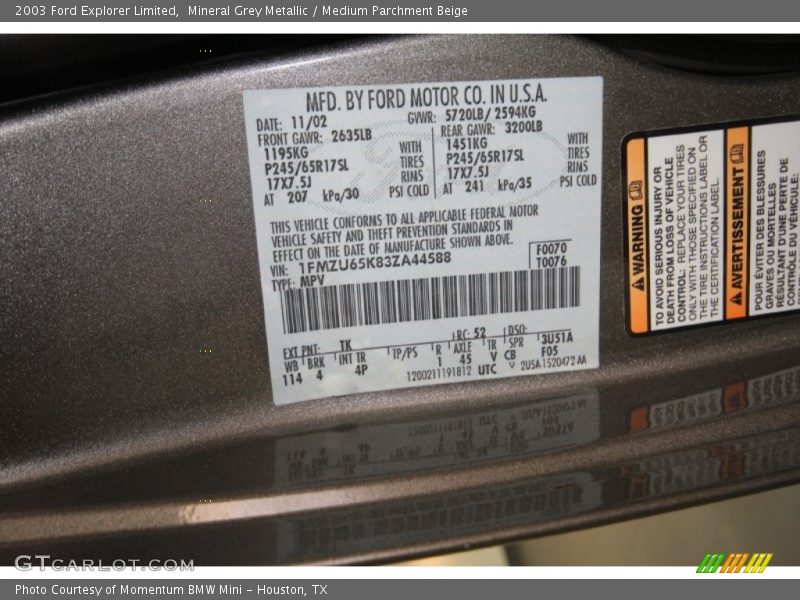 Mineral Grey Metallic / Medium Parchment Beige 2003 Ford Explorer Limited