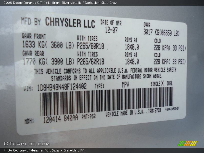 2008 Durango SLT 4x4 Bright Silver Metallic Color Code PS2