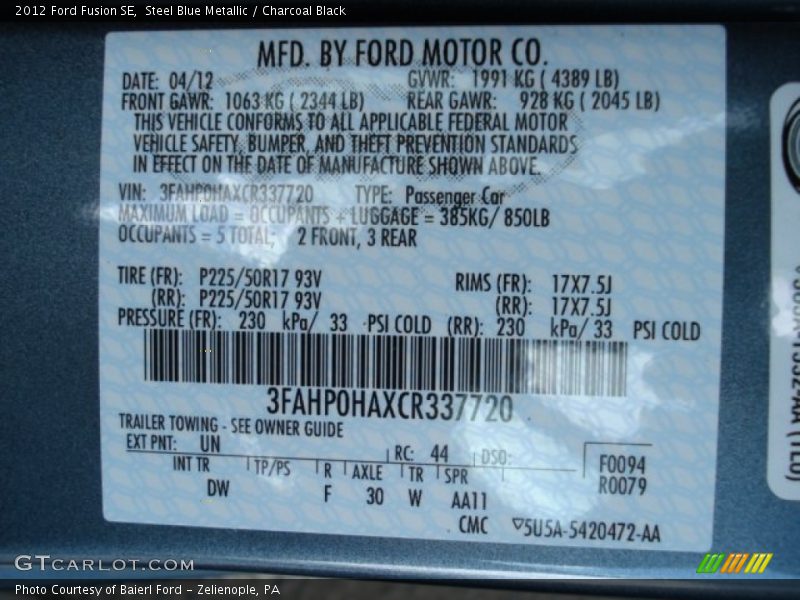 Steel Blue Metallic / Charcoal Black 2012 Ford Fusion SE