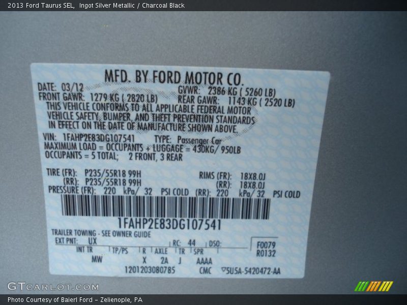 2013 Taurus SEL Ingot Silver Metallic Color Code UX