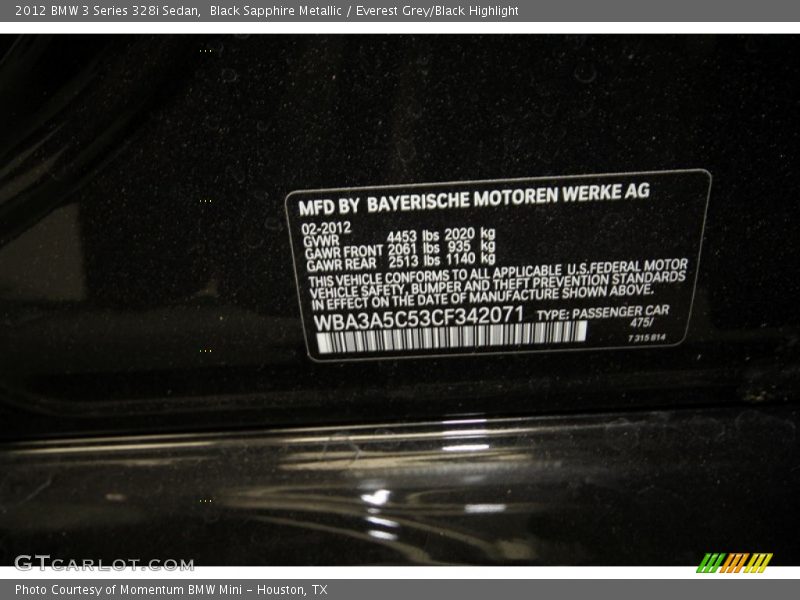 Black Sapphire Metallic / Everest Grey/Black Highlight 2012 BMW 3 Series 328i Sedan