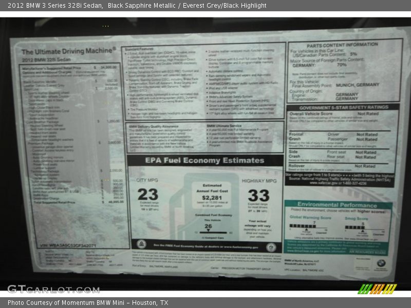 Black Sapphire Metallic / Everest Grey/Black Highlight 2012 BMW 3 Series 328i Sedan