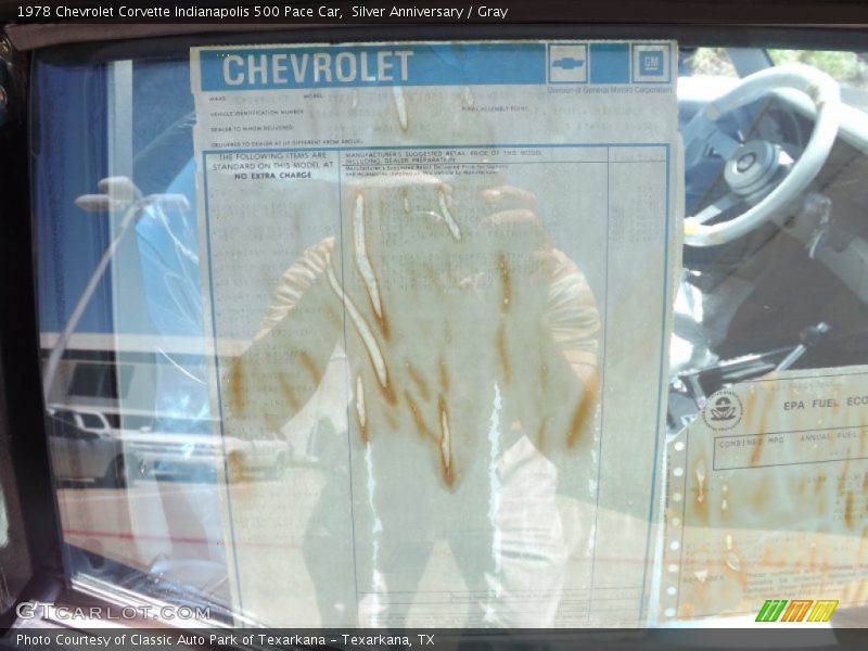  1978 Corvette Indianapolis 500 Pace Car Window Sticker