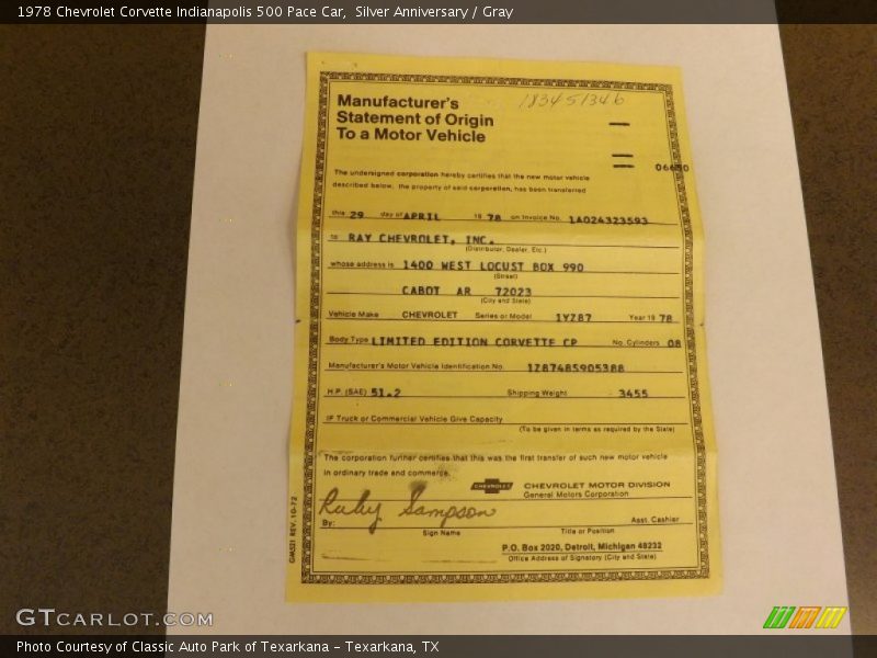 Books/Manuals of 1978 Corvette Indianapolis 500 Pace Car