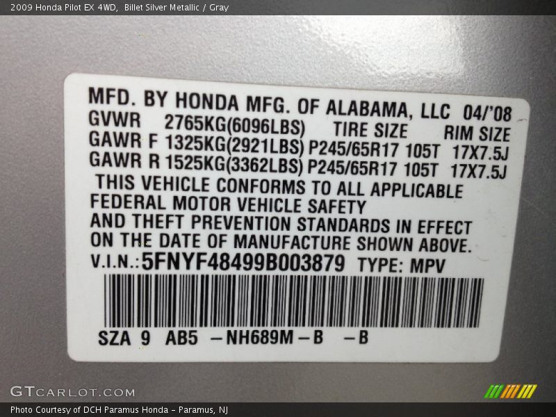 Billet Silver Metallic / Gray 2009 Honda Pilot EX 4WD