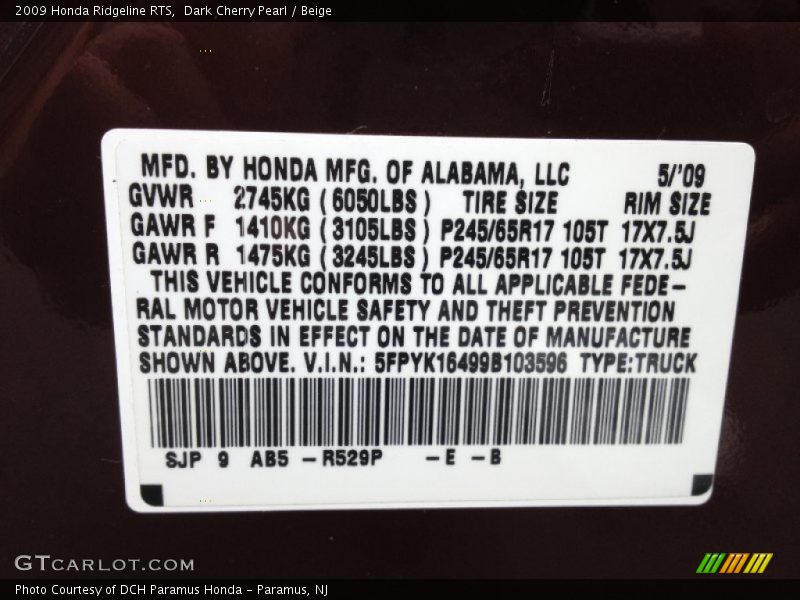 2009 Ridgeline RTS Dark Cherry Pearl Color Code R529P