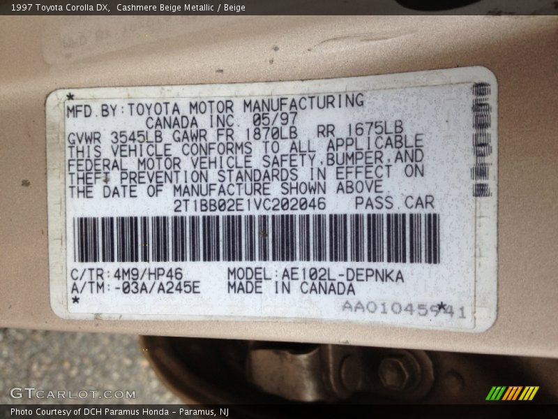 1997 Corolla DX Cashmere Beige Metallic Color Code 4M9