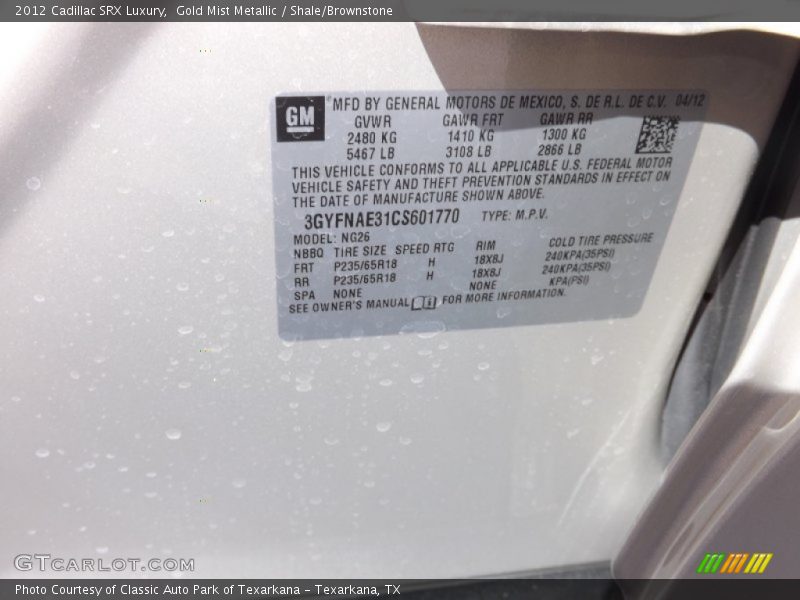 Gold Mist Metallic / Shale/Brownstone 2012 Cadillac SRX Luxury