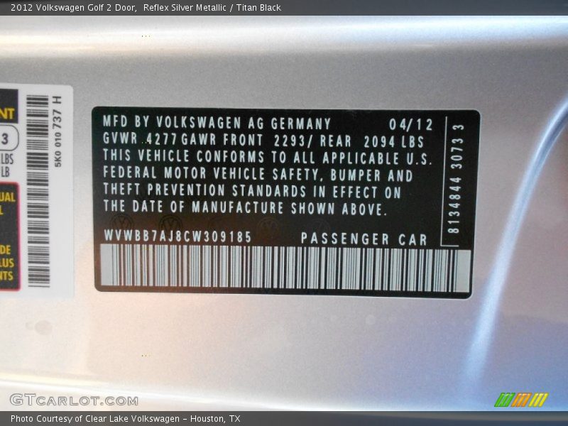 Info Tag of 2012 Golf 2 Door
