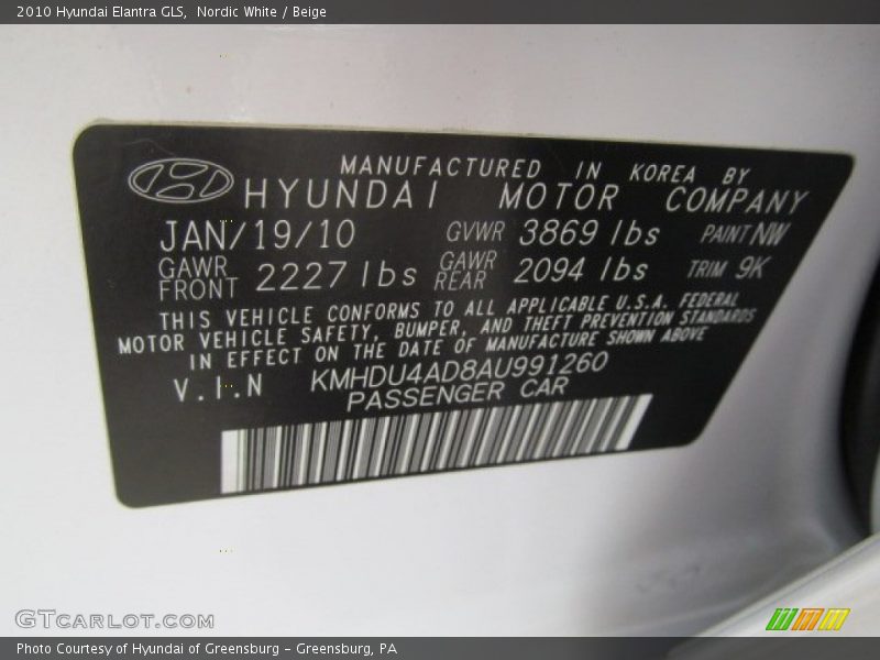 Nordic White / Beige 2010 Hyundai Elantra GLS