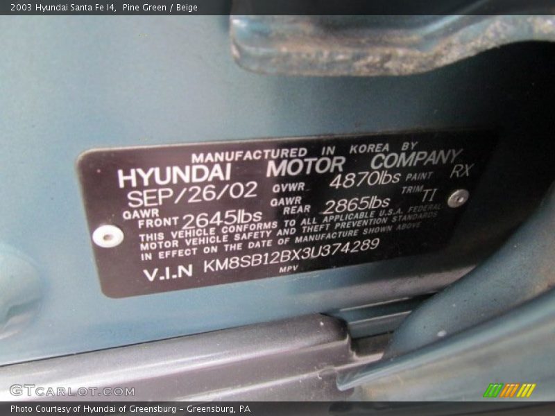 Pine Green / Beige 2003 Hyundai Santa Fe I4