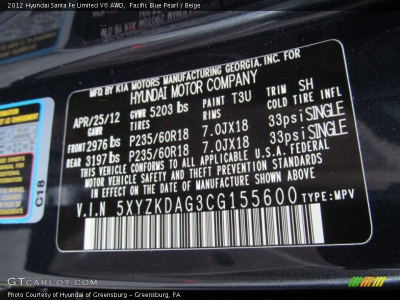 Pacific Blue Pearl / Beige 2012 Hyundai Santa Fe Limited V6 AWD