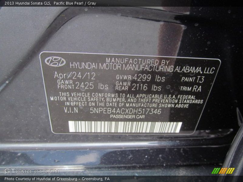 Pacific Blue Pearl / Gray 2013 Hyundai Sonata GLS