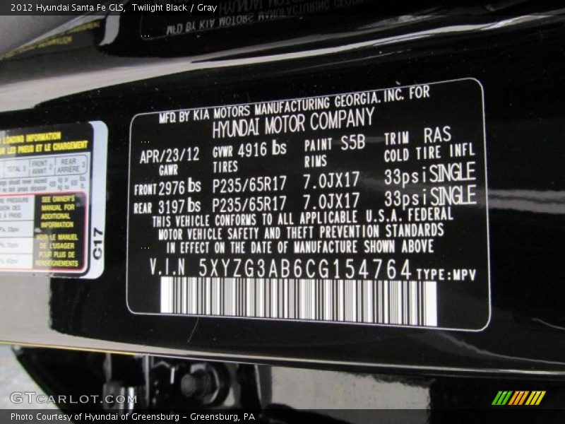 Twilight Black / Gray 2012 Hyundai Santa Fe GLS