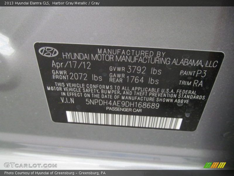 Harbor Gray Metallic / Gray 2013 Hyundai Elantra GLS
