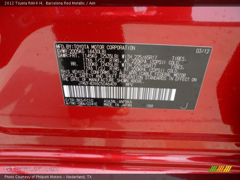 2012 RAV4 I4 Barcelona Red Metallic Color Code 3R3