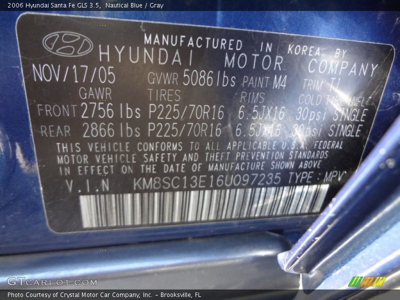 Nautical Blue / Gray 2006 Hyundai Santa Fe GLS 3.5