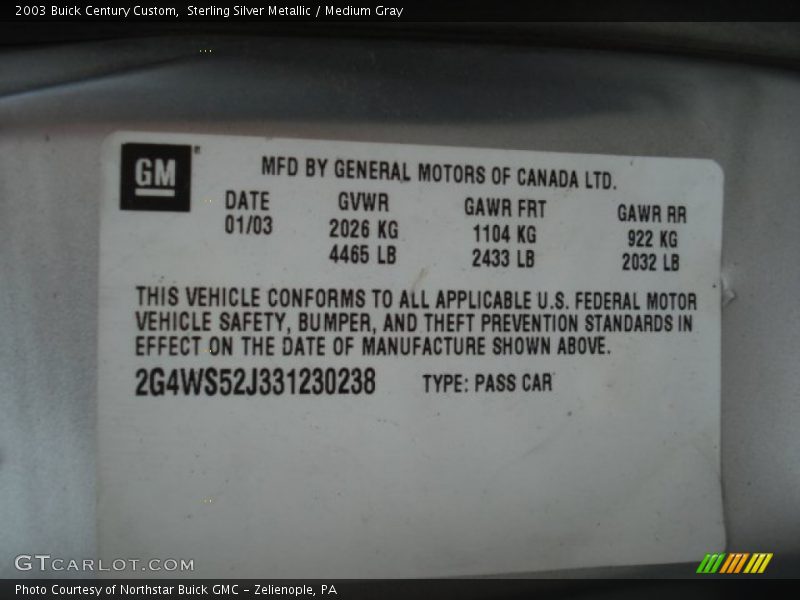Sterling Silver Metallic / Medium Gray 2003 Buick Century Custom