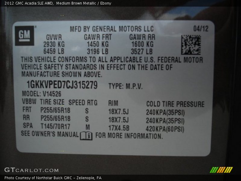 Medium Brown Metallic / Ebony 2012 GMC Acadia SLE AWD