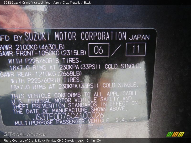 Azure Gray Metallic / Black 2012 Suzuki Grand Vitara Limited