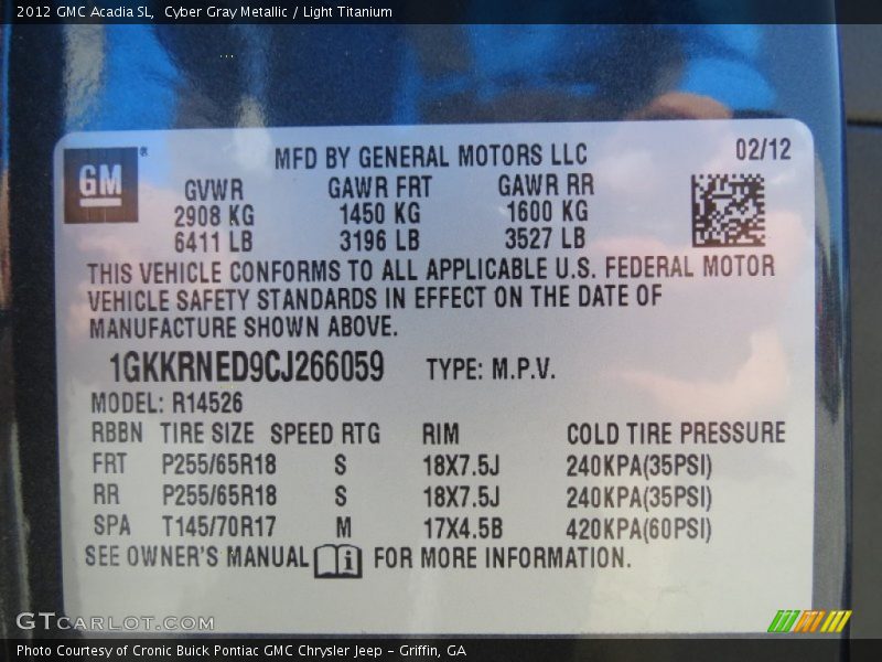 Cyber Gray Metallic / Light Titanium 2012 GMC Acadia SL