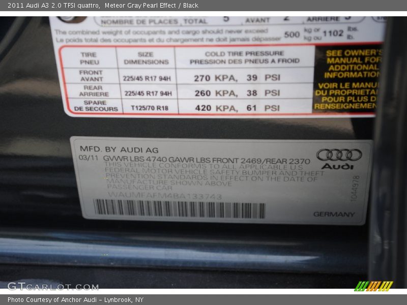 Meteor Gray Pearl Effect / Black 2011 Audi A3 2.0 TFSI quattro