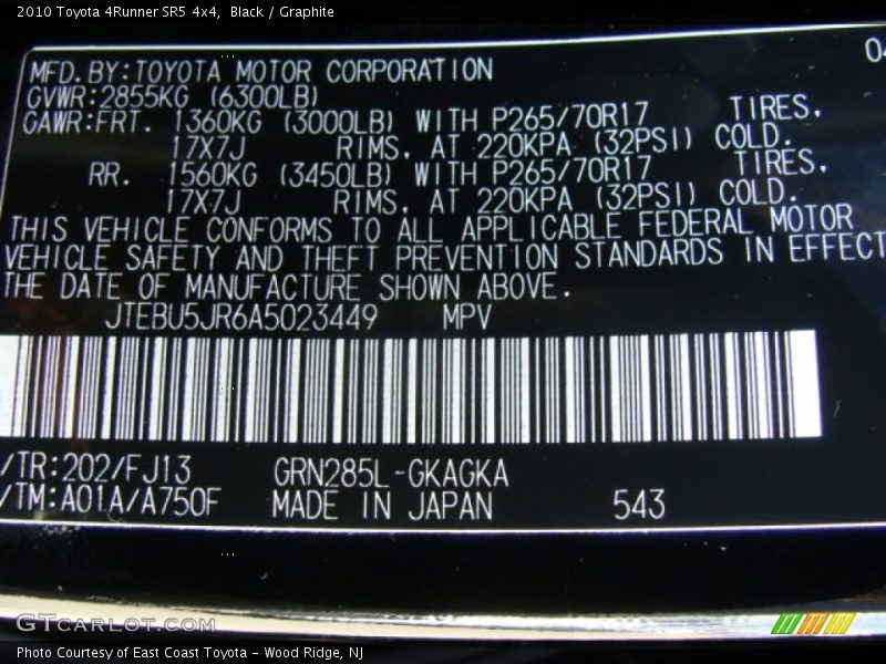 2010 4Runner SR5 4x4 Black Color Code 202