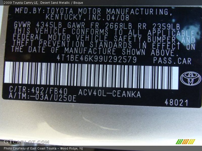 Desert Sand Metallic / Bisque 2009 Toyota Camry LE